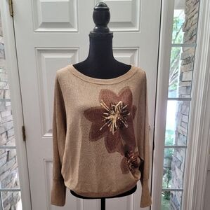 INC International Concepts Womens Gold Metallic Floral Sweater Size Large